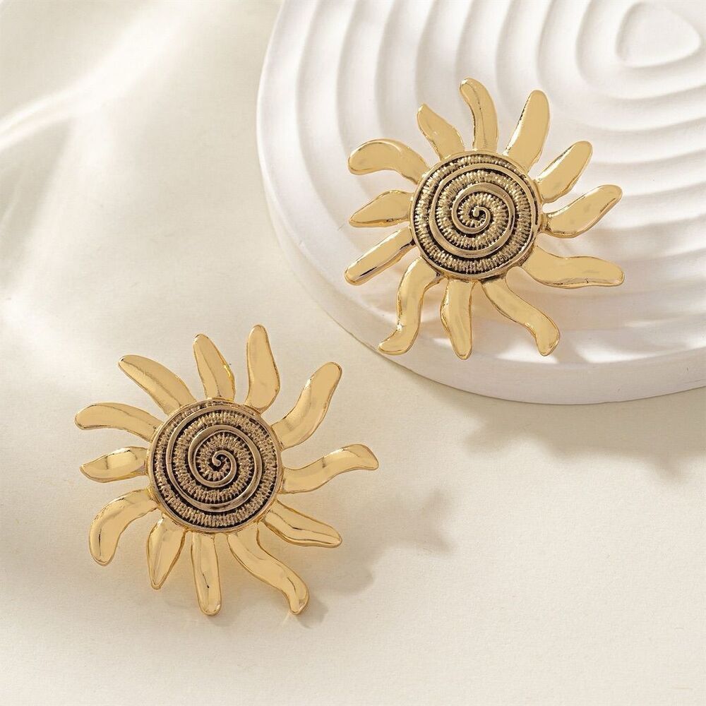 Bohemian Gold Tone Sun Starburst Sunflower Large Stud Pierced Earrings